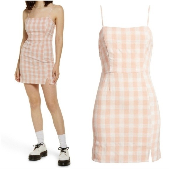 EUC BP. Womens Plaid Square Neck Mini Sundress Coral White Checkered Size M - Picture 1 of 9